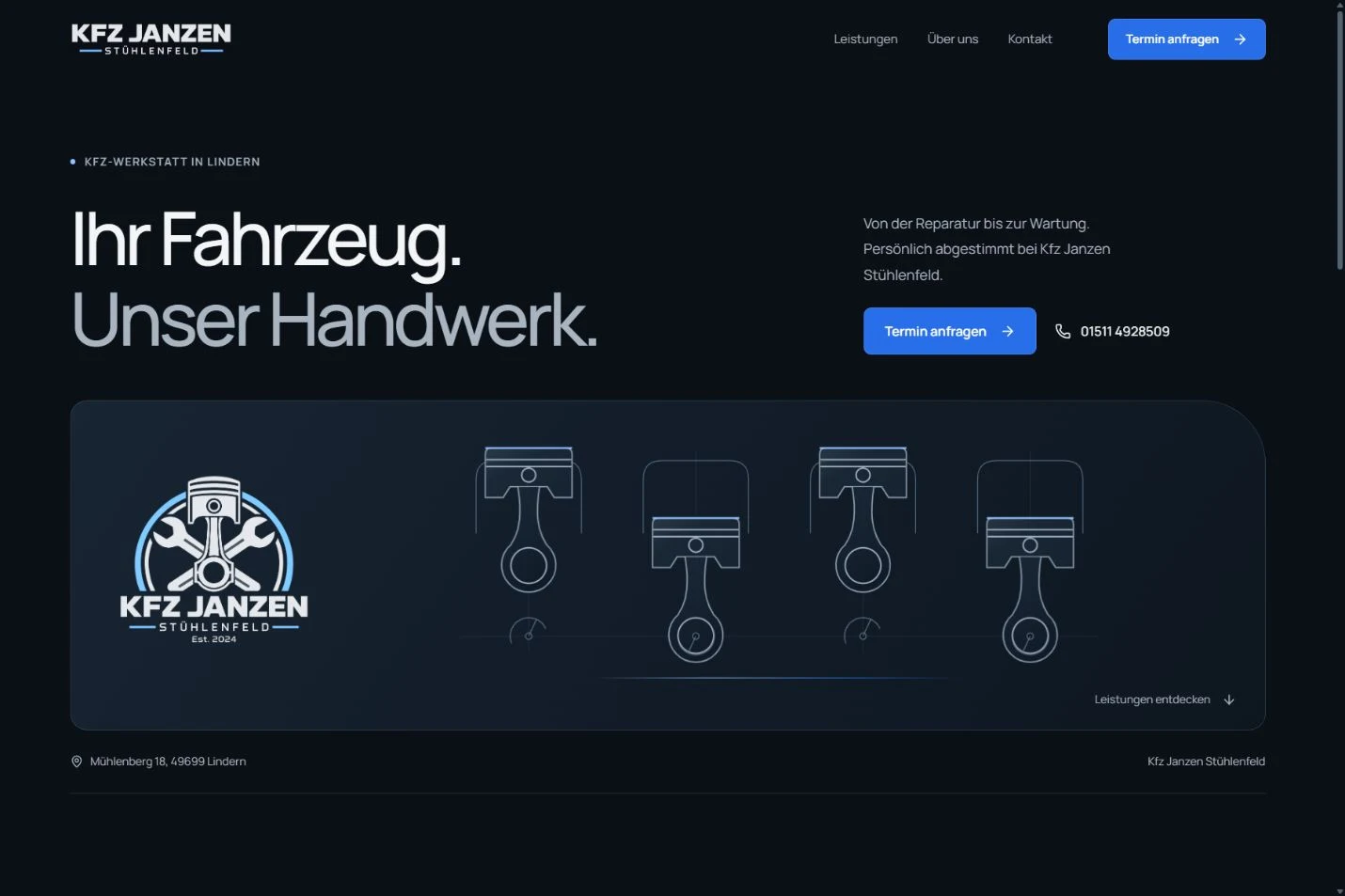 Startseite der Website von Kfz Janzen Stühlenfeld am Desktop