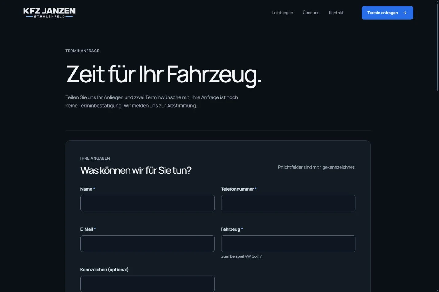 Originalansicht des Janzen-Formulars mit Angaben zum Fahrzeug und Anliegen